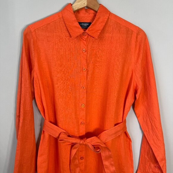 NWOT 100% Linen Button Up Shirt Dress Free Line Athens Women's Small Orange Chic - Picture 5 of 13